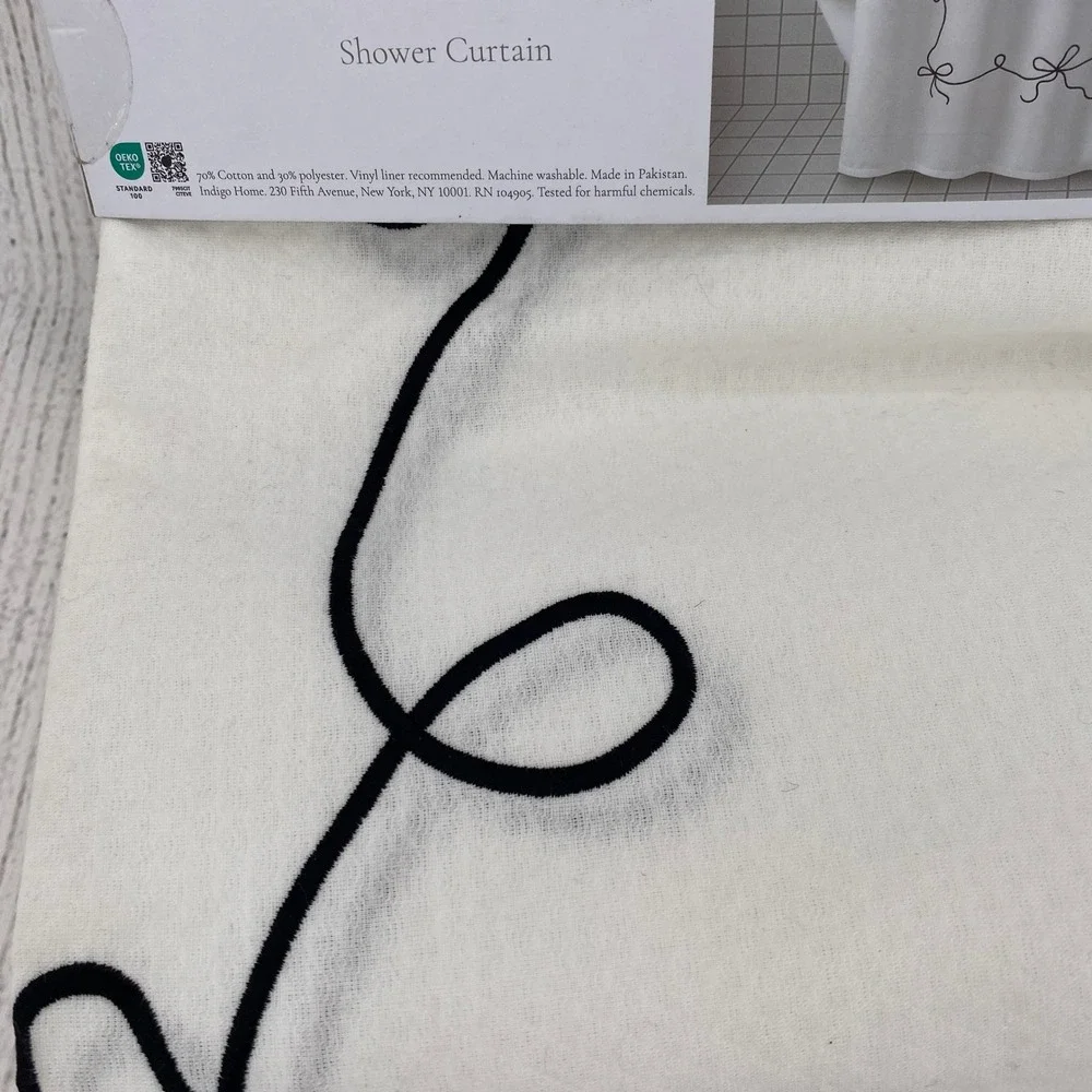 Hotel Shower Curtain White Black Embroidered Matelasse Bow Border Crisp Coquette